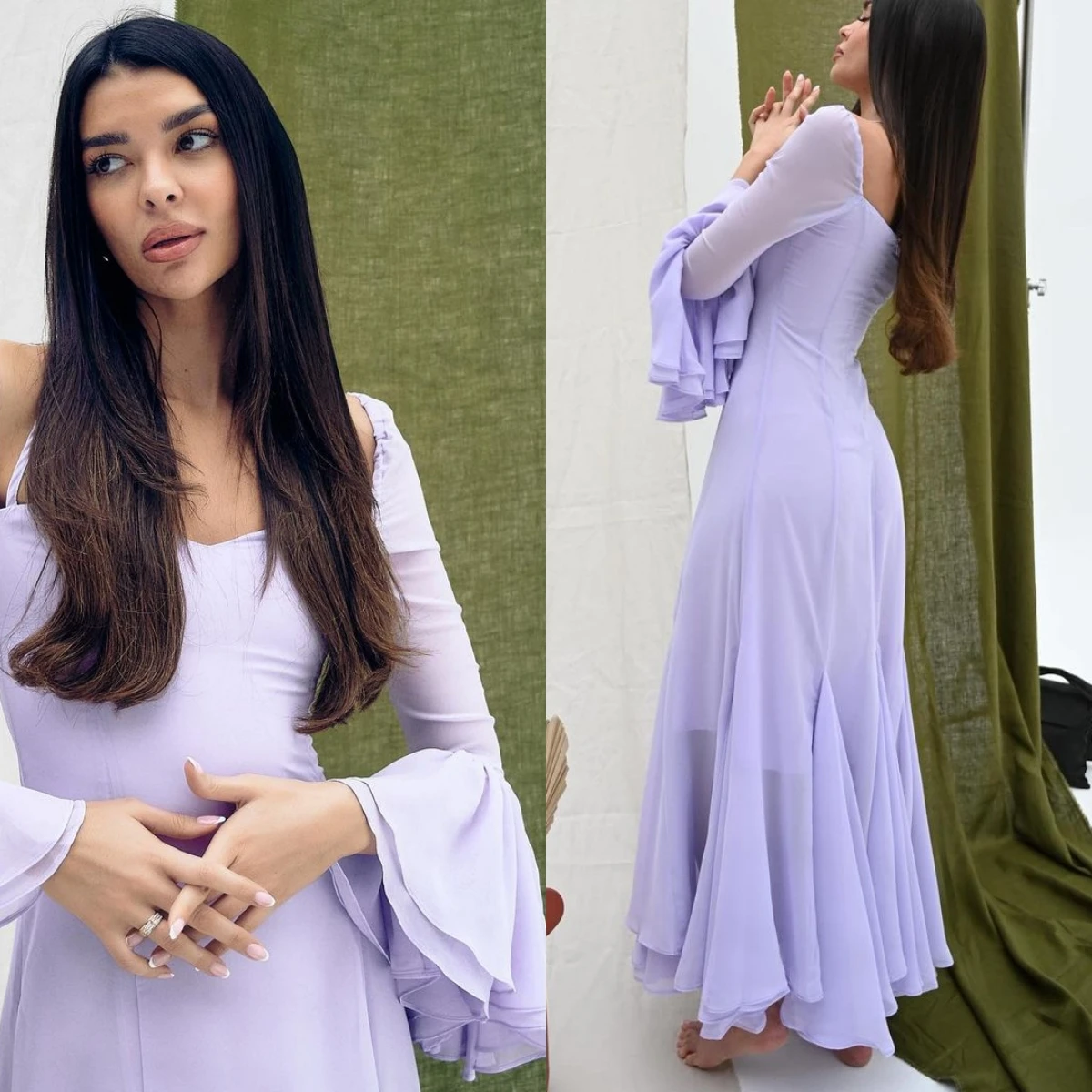 

Lilac Halter Chiffon Prom Dresses 2024 Arabia Fashion Flare Sleeves A-Line Simple Style Formal Occasion Evening Dress Party Gown