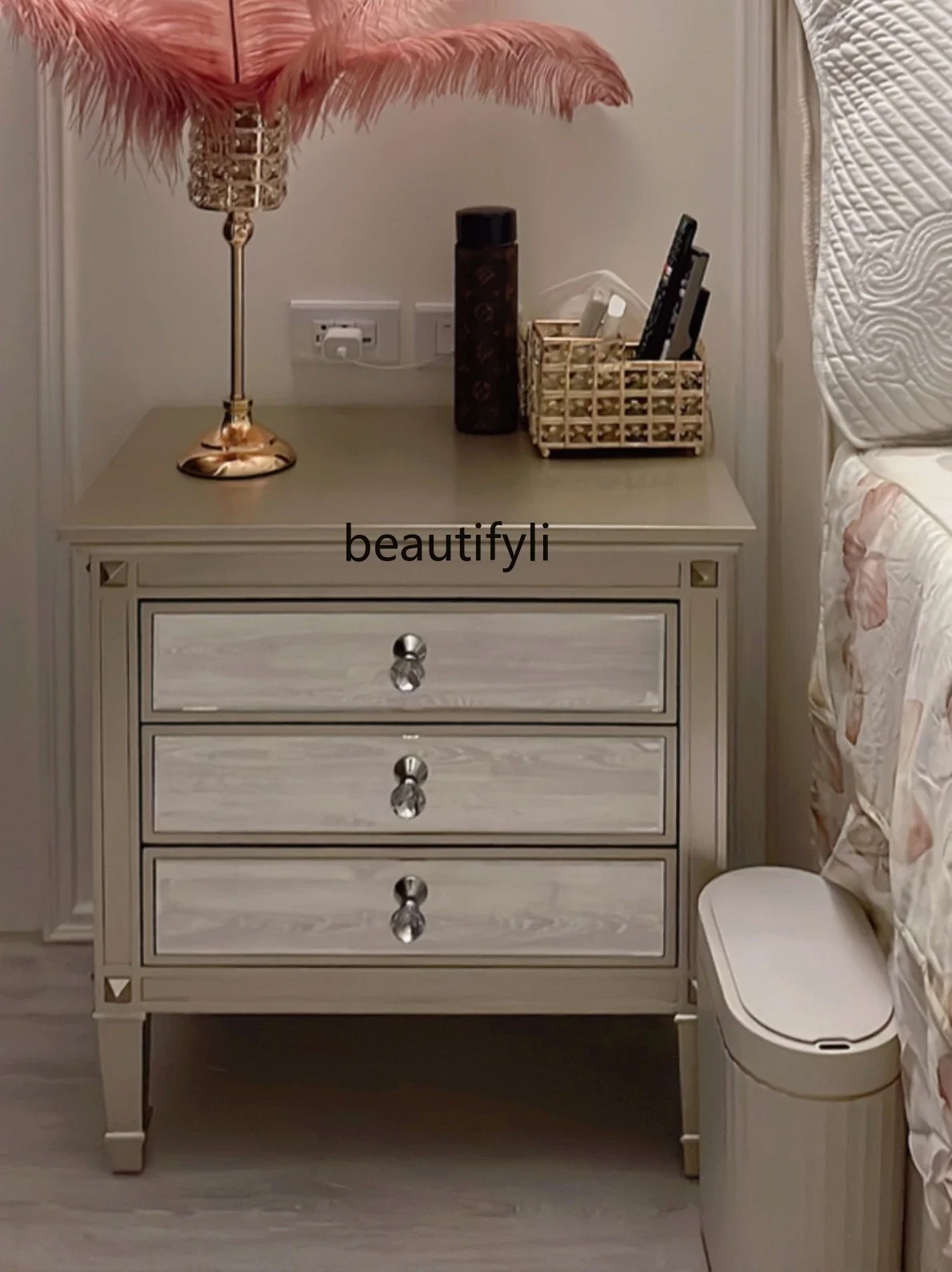 Modern Mirror Bedside Side Table Simple Locker Solid Wood Complete Household Storage American Shell