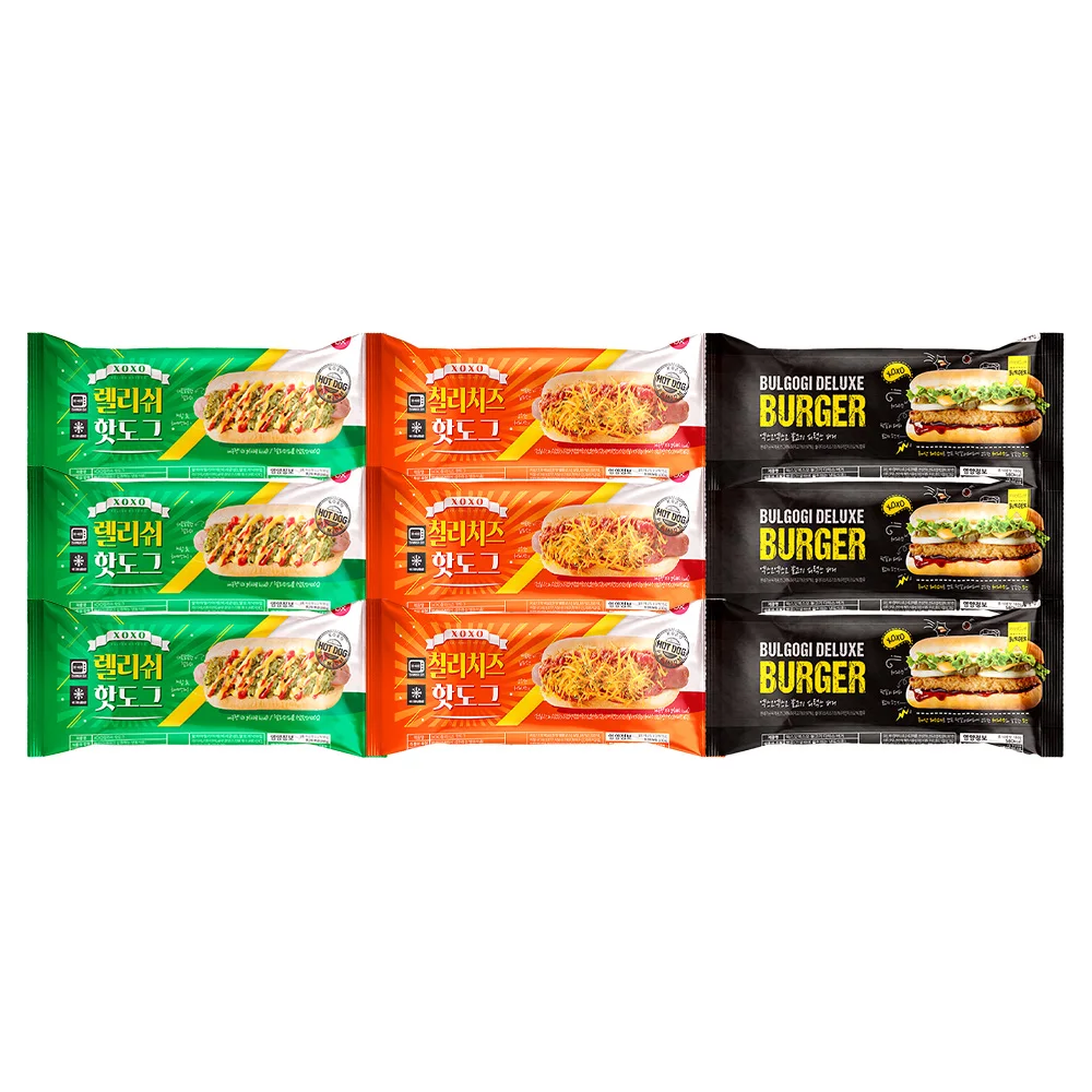 Cj Freshway Xoxo Relish Hot Dog 160g X 3 + Chili Cheese Hot Dog 150g X 3 + Deluxe Burger 180g X 3