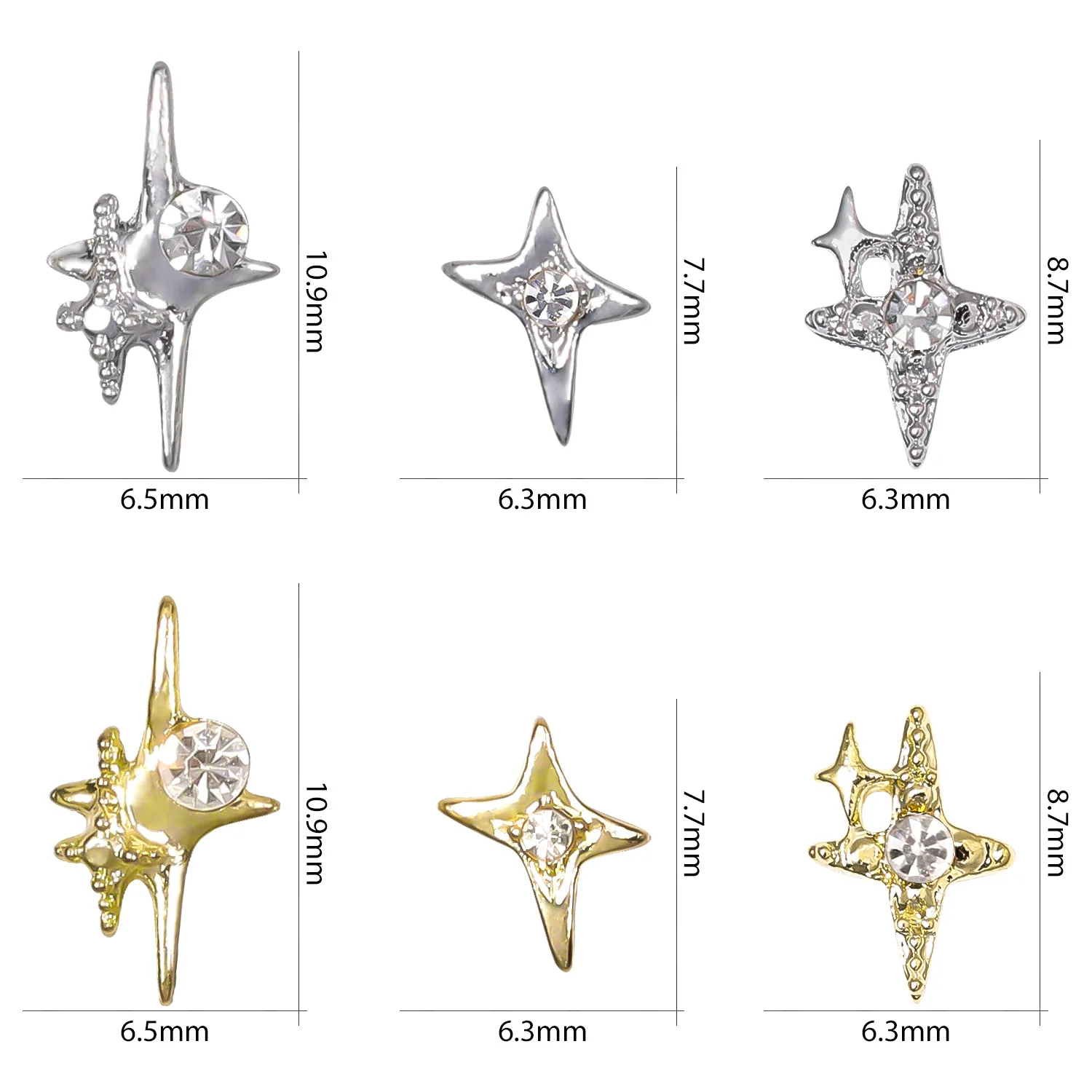 10 Pcs Star Light Nail Art Charm Mini Rhinestones Stars 3D Gold Silver Metal Nail Decoration Shinny Diamond Manicure Accessories