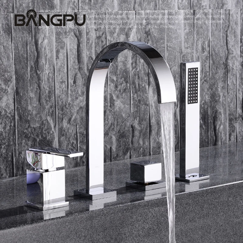 

Roman Bathtub Faucet Set with Handheld Shower Deck Mount 4 Hole Waterfall Tub Faucet Combo Single Handle Bath Tub Faucet Kit