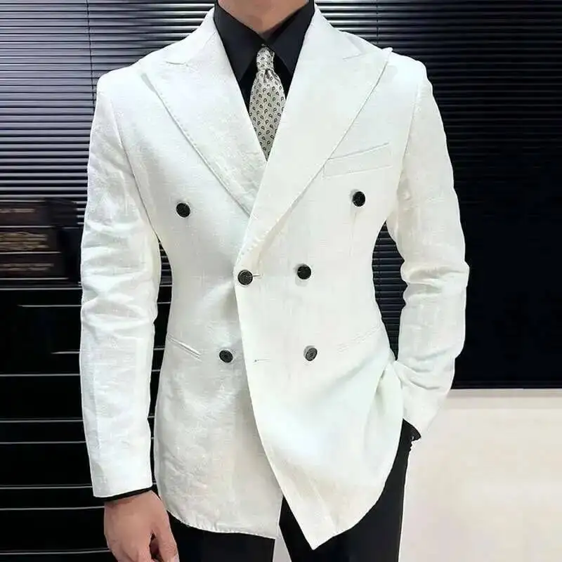 

British Style Men Italian Linen Wide Collar Versatile Blazer Hombre Suit Chaqueta Hombre Prom Blazer Men Blazer Vintage Burgundy