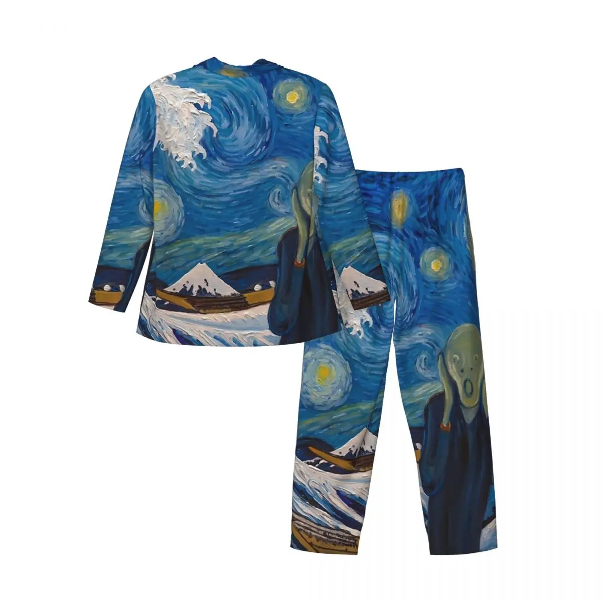 Van Gogh Starry Night Sleepwear Autumn The Great Wave Vintage Oversized Pajama Sets Men Long Sleeve Kawaii Room Design Nightwear