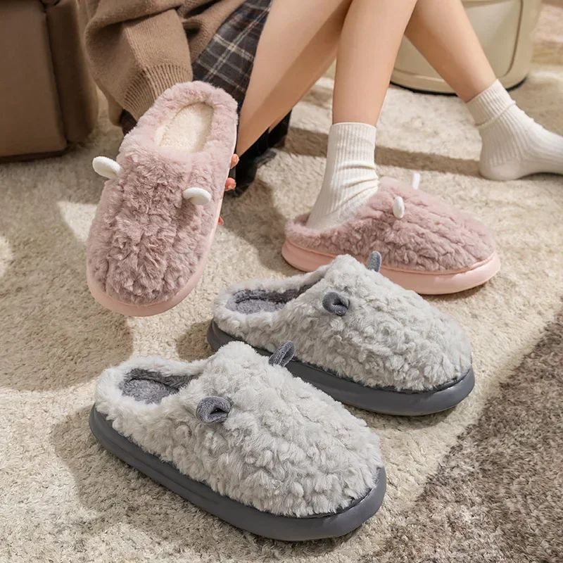 Women's Slippers Winter New Cartoon Home Couple Warm Non Slip Plush Cotton Slippers Thick Soled Floor Anti Cold Slippers