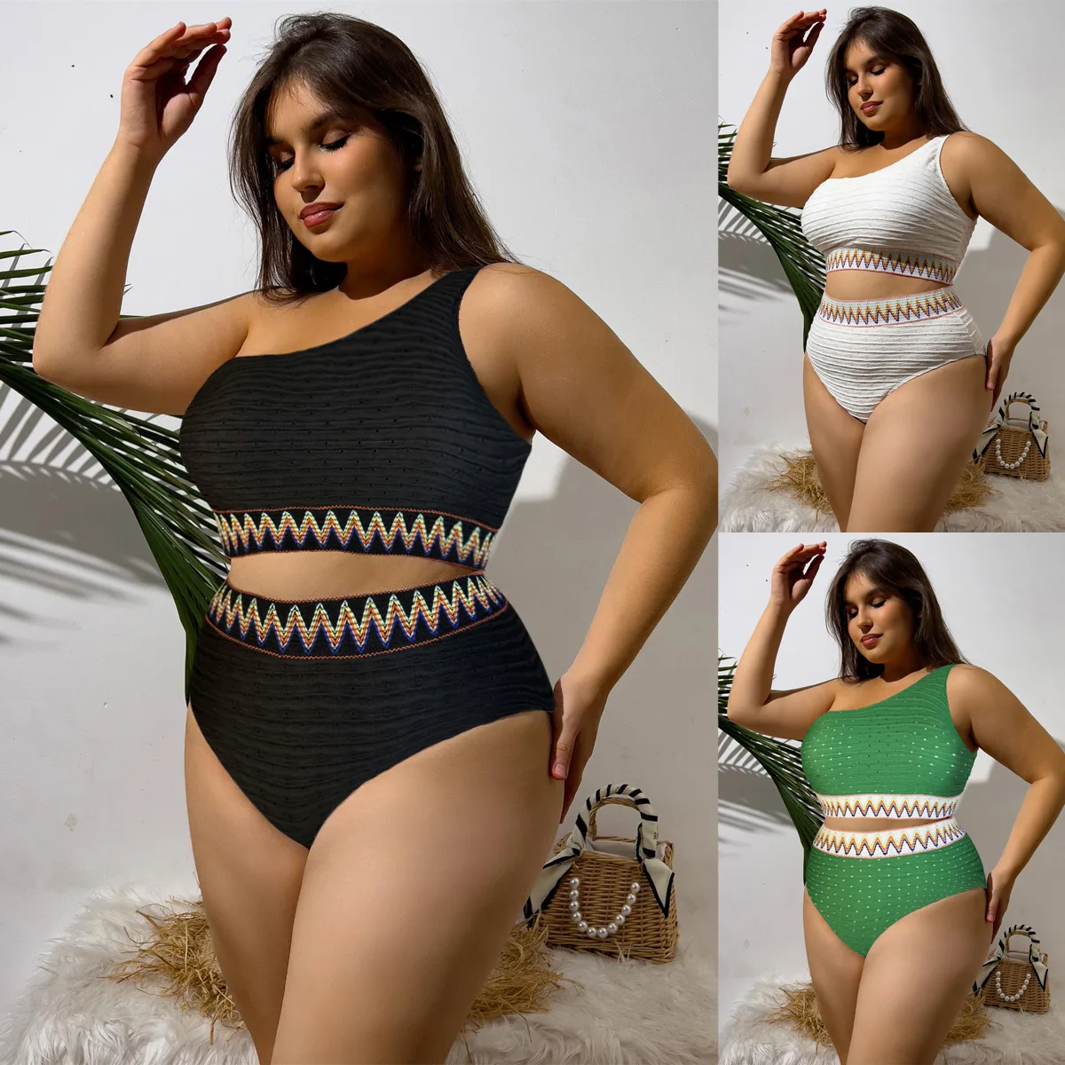 

2025 New Sexy One-Shoulder High Waist Swimwear for Women Two-Piece Bikini Set Plus Size Swimsuit Tummy Control Bathing Suit