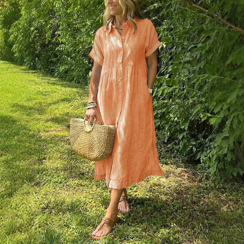 Vestido camisero de verano para mujer, vestido veraniego por debajo de la rodilla de manga corta de lino y algodón holgado informal, cómodo y ligero, 2025