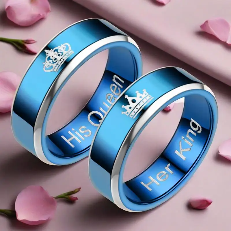 

Stainless Steel Couple Rings 'Her King' & 'His Queen' - Fashionable Wedding Party Jewelry Gift for Lovers Simple Accessory