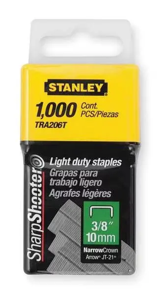 

Light Duty Staples, 23 ga, Narrow Crown, 3/8 in Leg L, Steel, 1000 PK