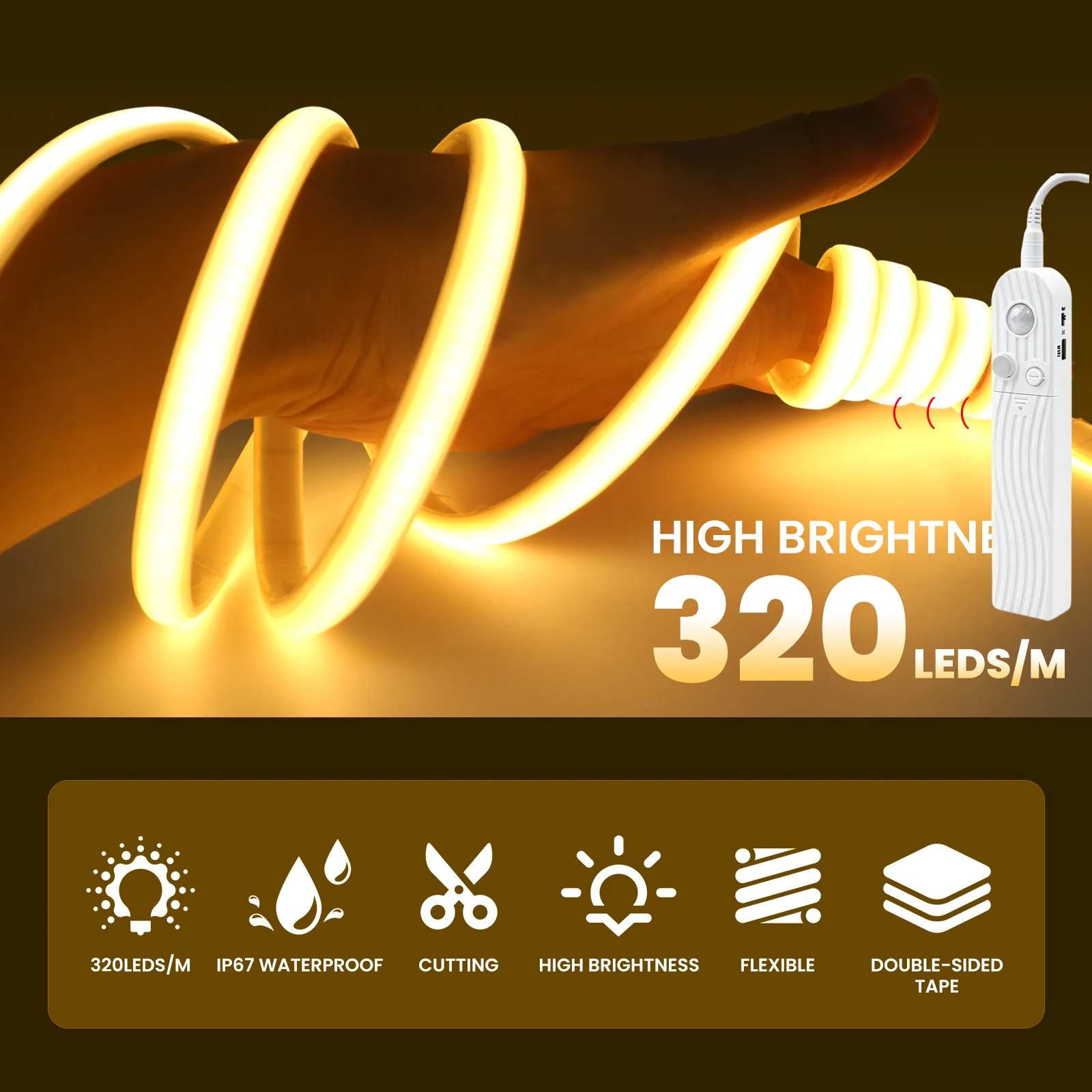 5V PIR Motion Sensor COB LED Strip Waterproof White Natural Warm 10mm 320LEDs/M Flexible Ribbon Adhesive Tape Room Kitchen Decor