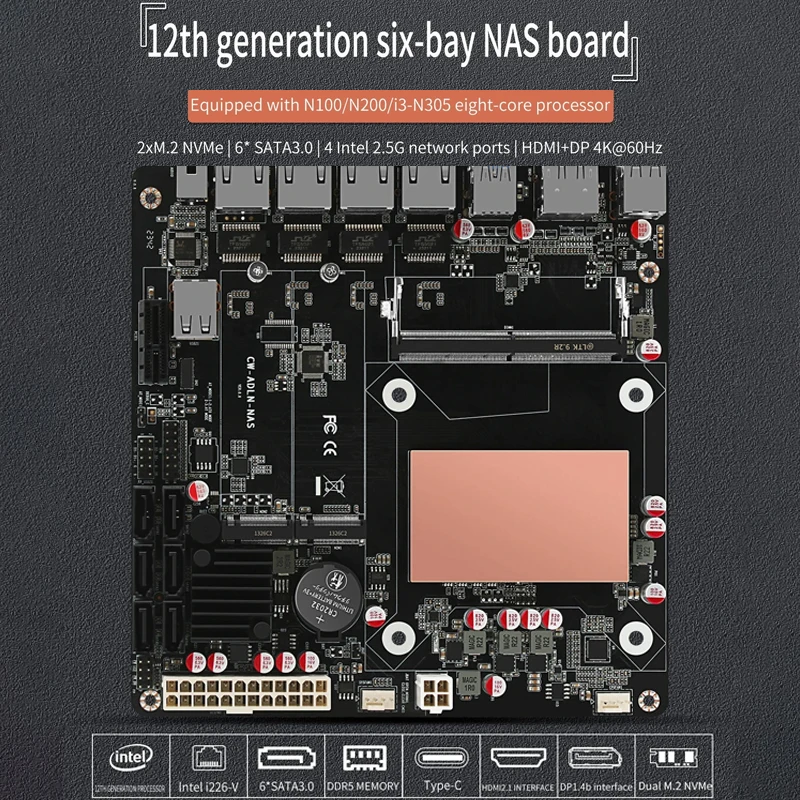 NAS MONSTER BOARD N100/I3-N305 6-BAY 4X 2.5G/6X SATA3.0/2X M.2 NVME/115X RADIADOR TIPO DE TARJETA ITX