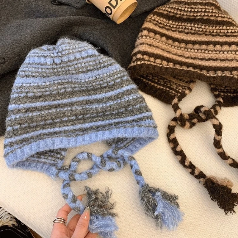 Striped Ear Protector Big Head Knitted Hat for Women's Autumn and Winter Warmth Baotou Knitted Hat Шапка Женская