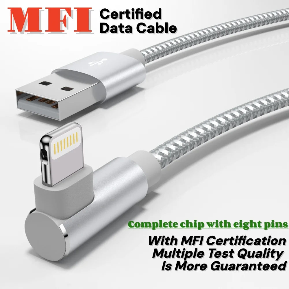 For Gaming Elbow Fast Charger Cable for iPhone 14 8 7 6S Plus 13 12 mini 11Pro XS Max XR X 90 Degree Braided USB Charging Cable