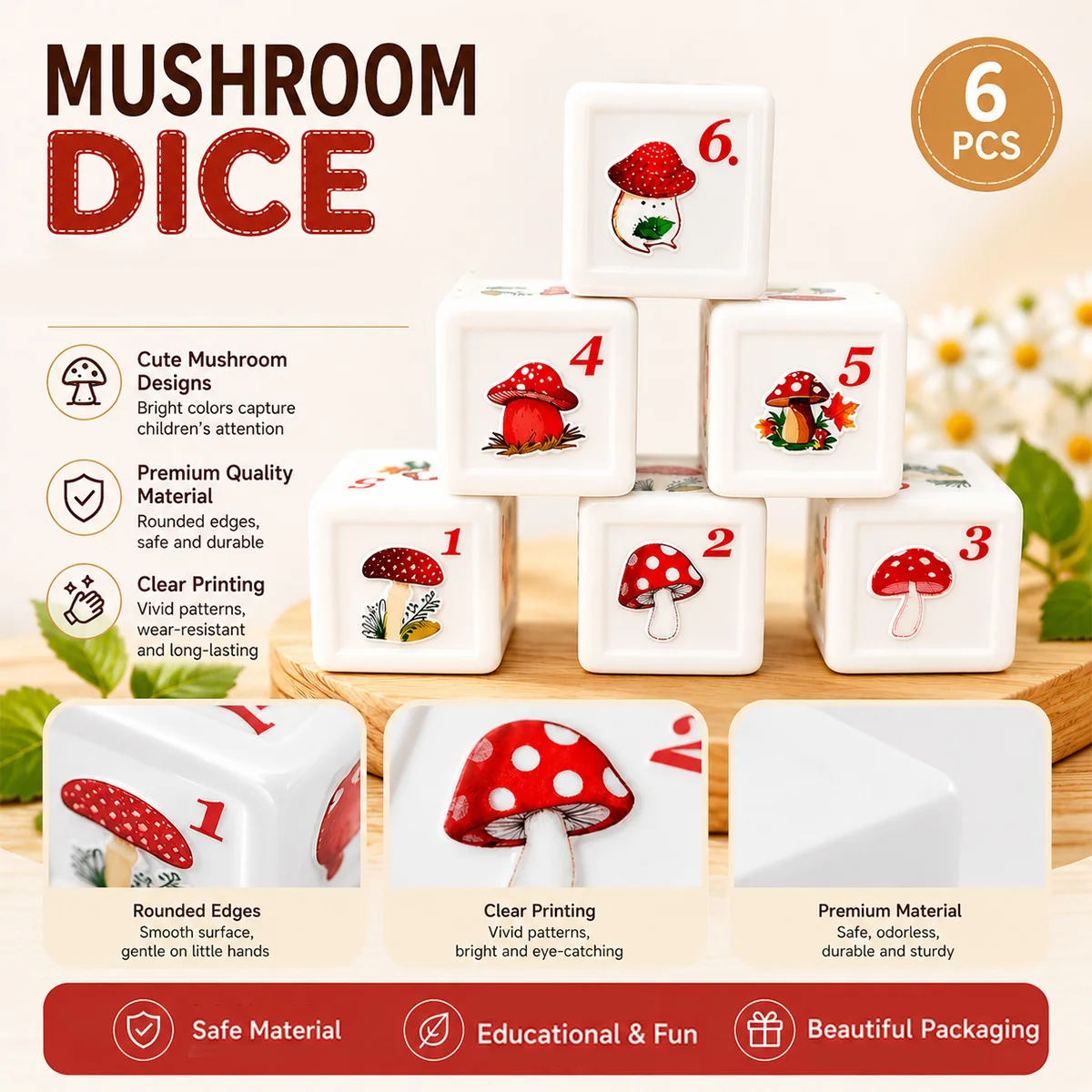 6Pcs Cute Red Spotted Mushroom Pattern Number Dice Set, Forest Style Decorative Dice for Board Game, Party Tabletop Game