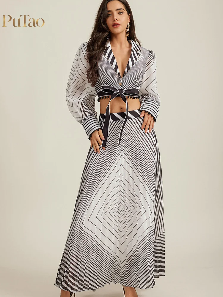 Putao Striped Two Piece Outfit Lapel Long Sleeve Crop Top High Waist Pleated Maxi Skirt Set Elegant Office Party Formal Matching