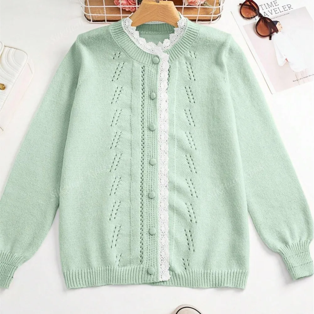 Women's Clothing Solid Color Knitted Cardigan Hollow Out Long-sleeved Single-breasted Sweater Jacket Simple Style All-match Slim 6
