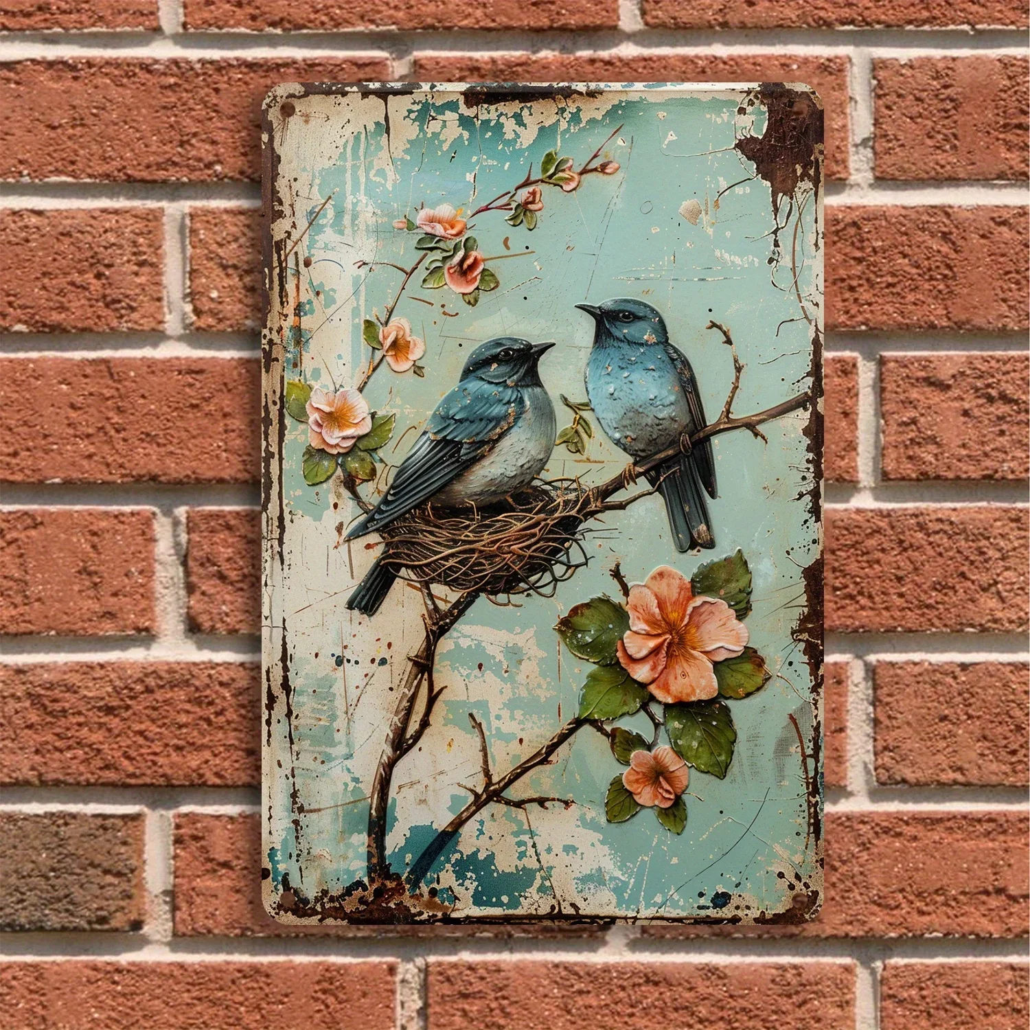 

1PC Vintage Tin Sign Garden Art with Birds and Flowers Suitable for Home Bar Cafe Kitchen Living Room Metal Wall Decoration