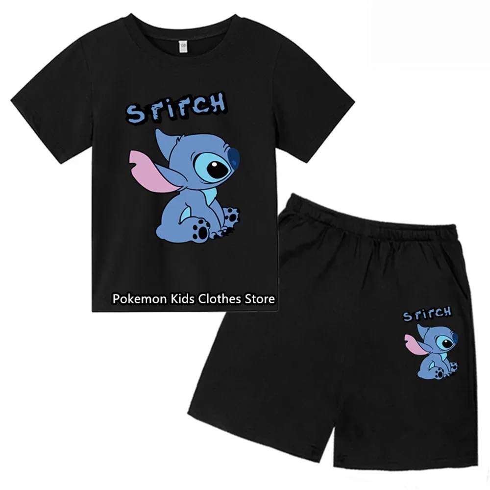 2024 Summer Fashion Lively Stitch Children's boy Two-piece T-shirt set Round Neck Casual Short Sleeve Girl Short sleeve shorts