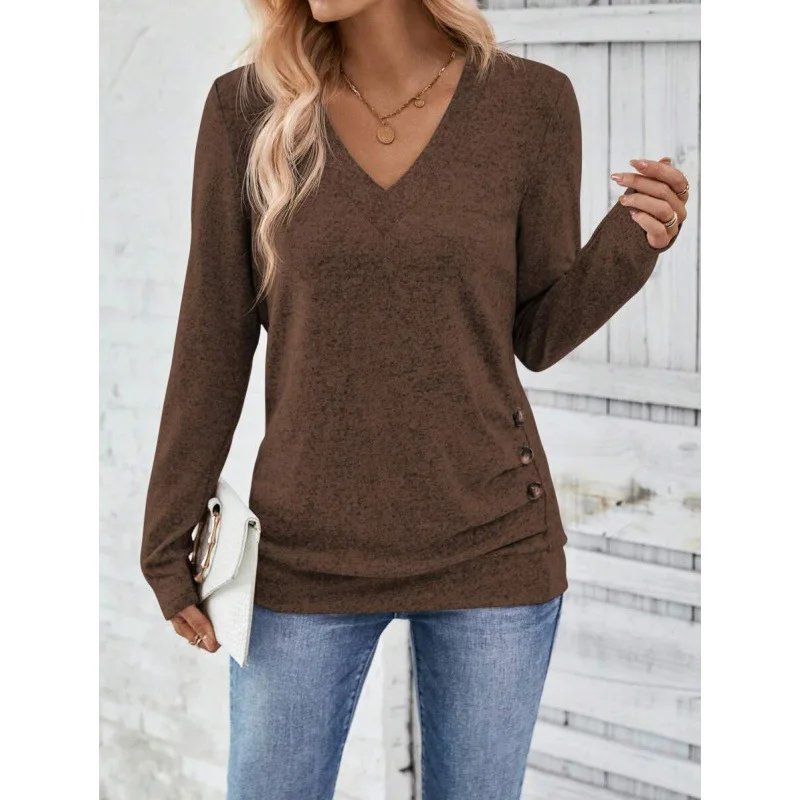 2025 Fall Winter New Fashion Women's Tops Long-Sleeve V-Neck Elegant Gathered Button-Front Solid-Color T-Shirt Y2k Clothing