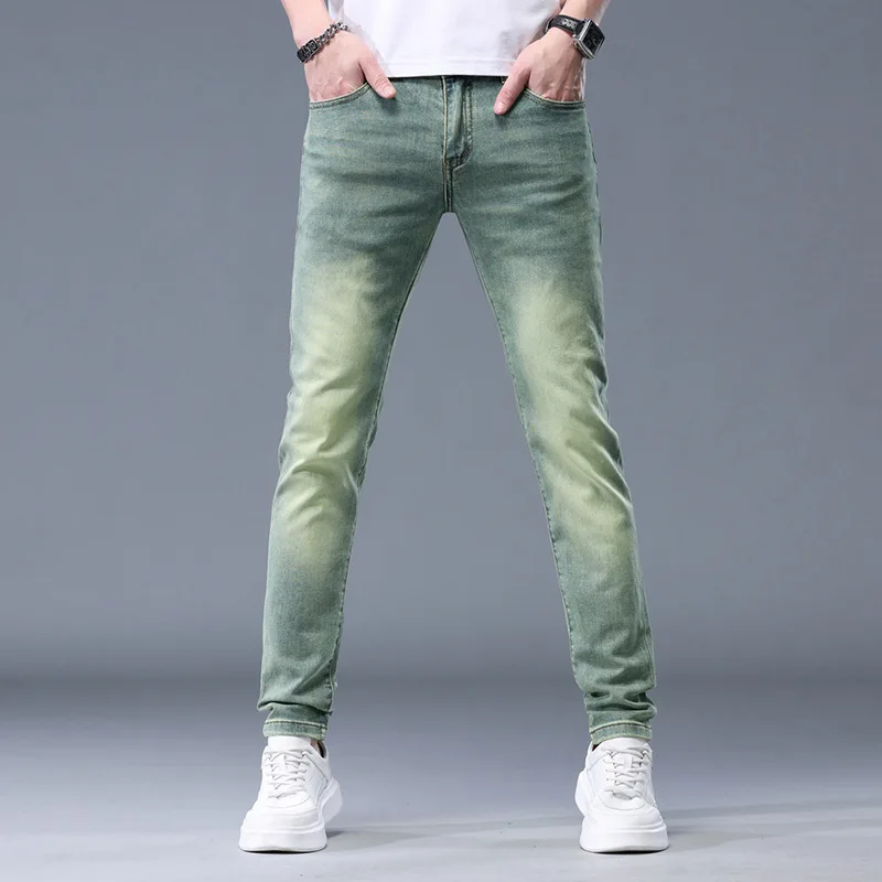 

Retro Yellow Mud Green Jeans Men's Summer Thin 2024 New High-End Men's Clothing Fashion Elastic Slim Fit Skinny Pants