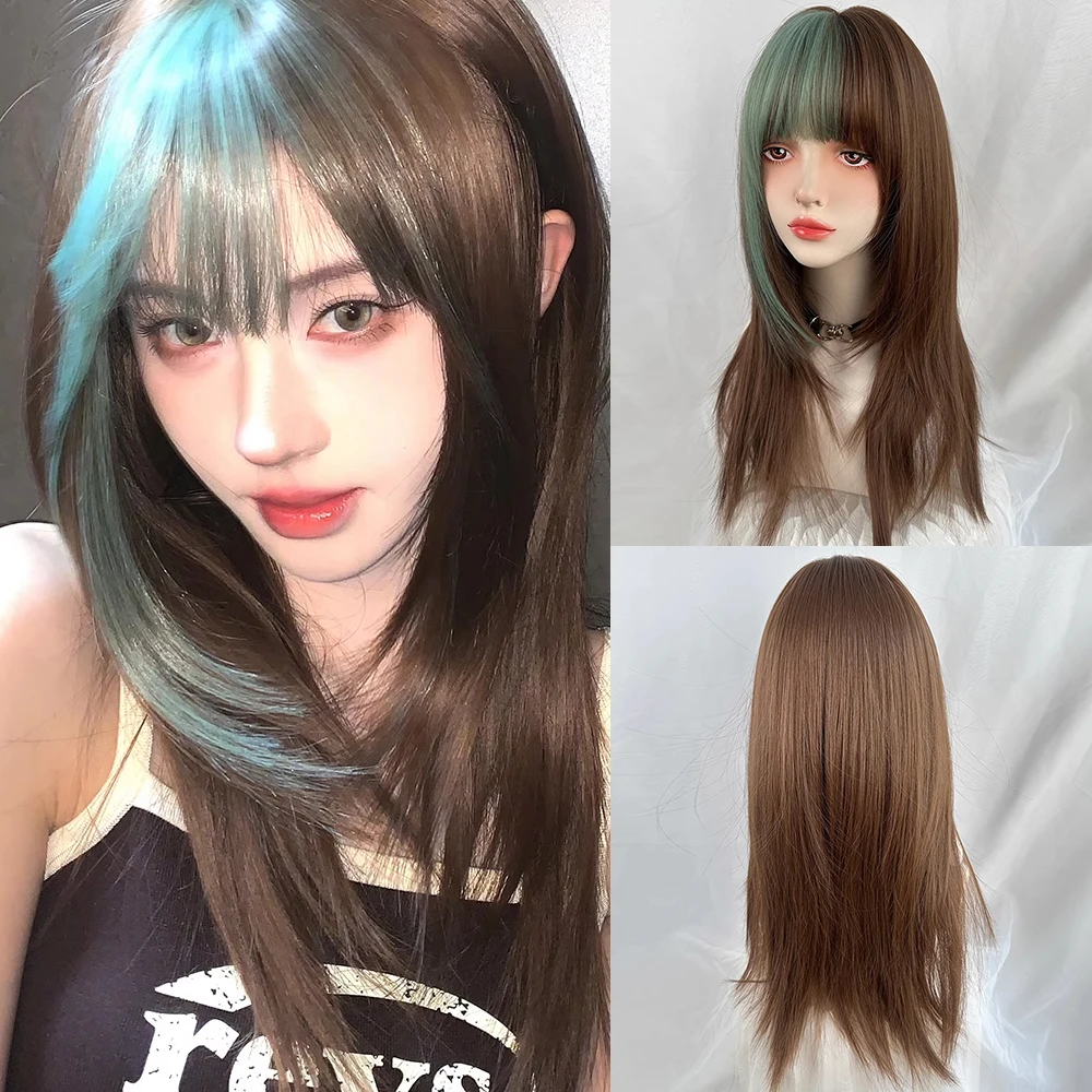 

Синтетический парик с челкой, длинный прямой коричневый, зеленый, мелирование, пушистый женский парик для косплея Лолиты для повседневной вечеринки