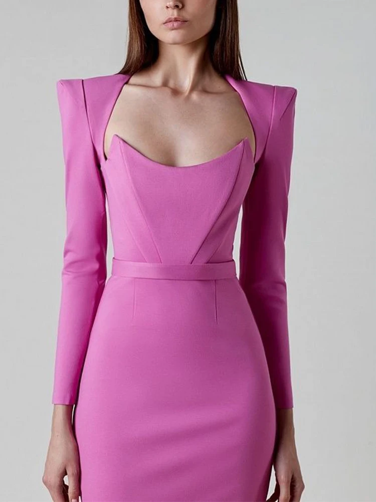 SXTHAENOO Vrouwen Winter Sexy Lange Mouw V-hals Roze Zwart Wit Midi Bandage Jurk 2025, Elegante Avond Club Party Dress