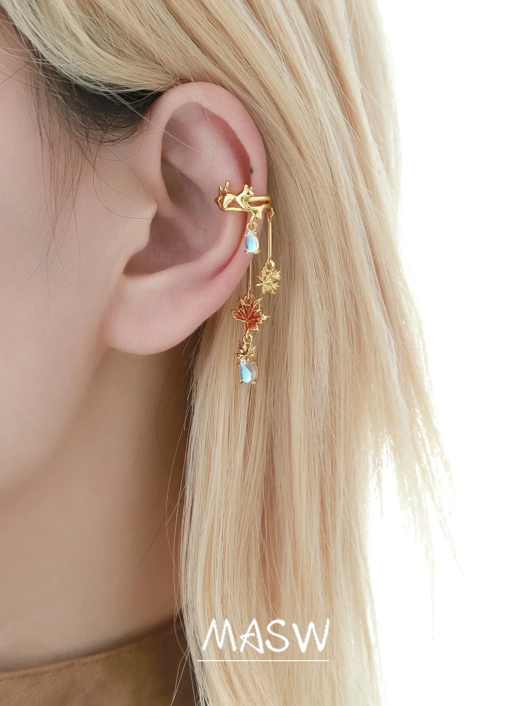 MASW Original Design Asymmetrical Maple Leaf Tassel Clip Earrings For Women Party Gifts Fashion Jewelry Accessories Hot Selling