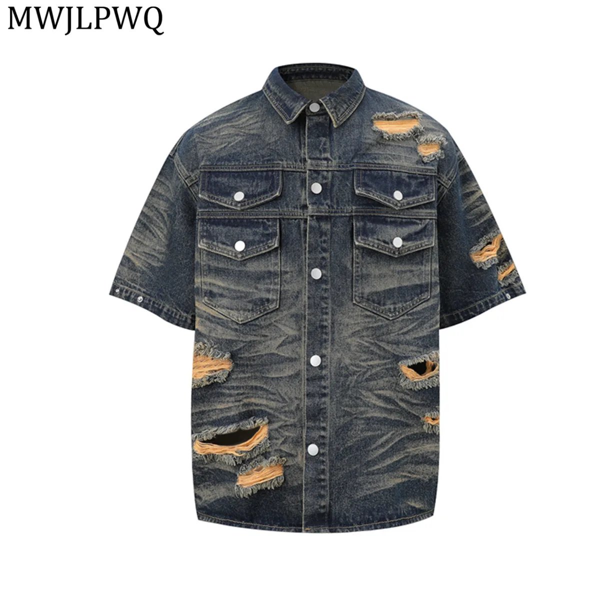 

MWJLPWQ Американская потертая джинсовая рубашка, мужская уличная куртка-карго с короткими рукавами и несколькими карманами, новинка 21035