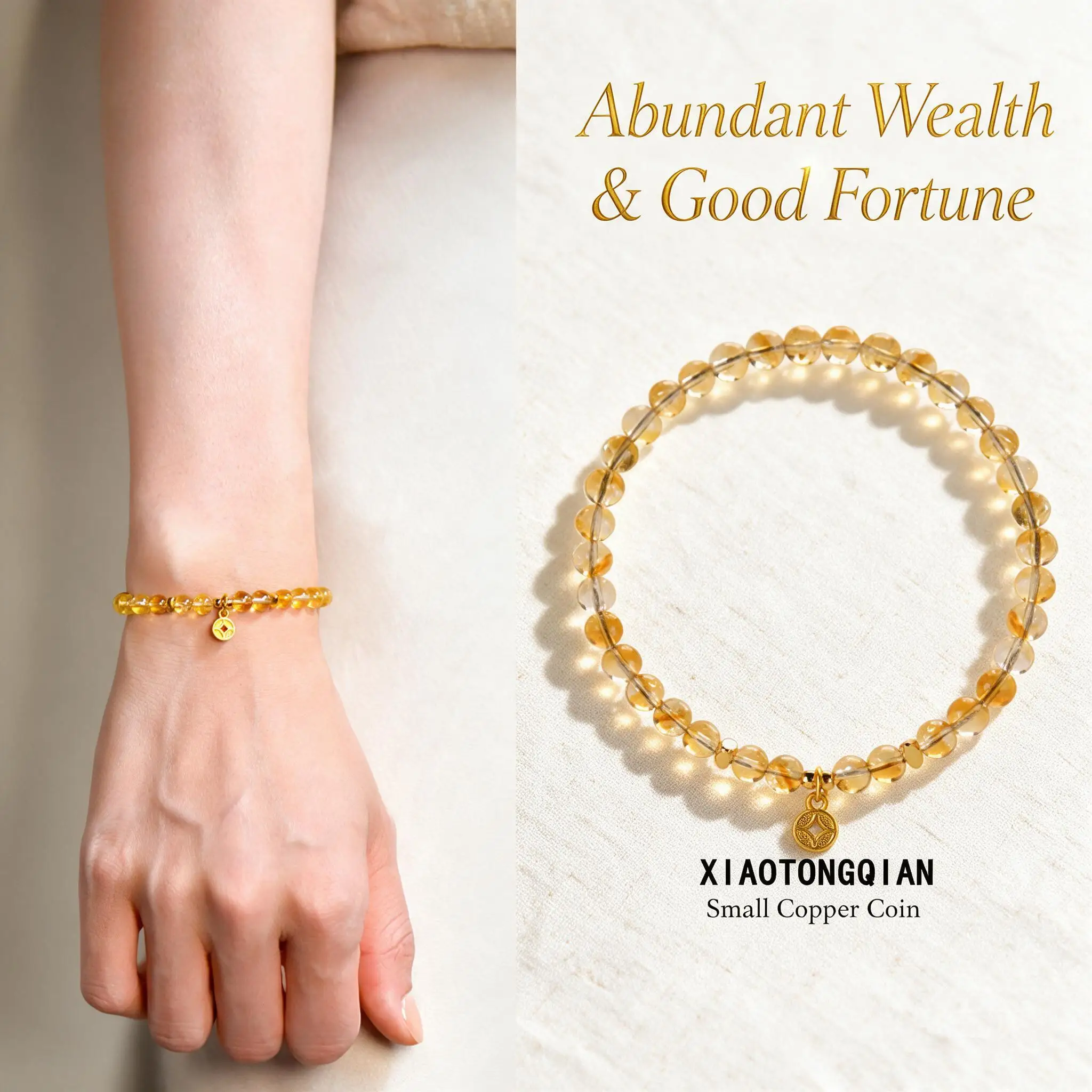 Chinese Style Natural Yellow Citrine Handstring Bracelet Lucky Copper Coin Charm Wealth Fortune Blessing Dainty Beaded Jewelry