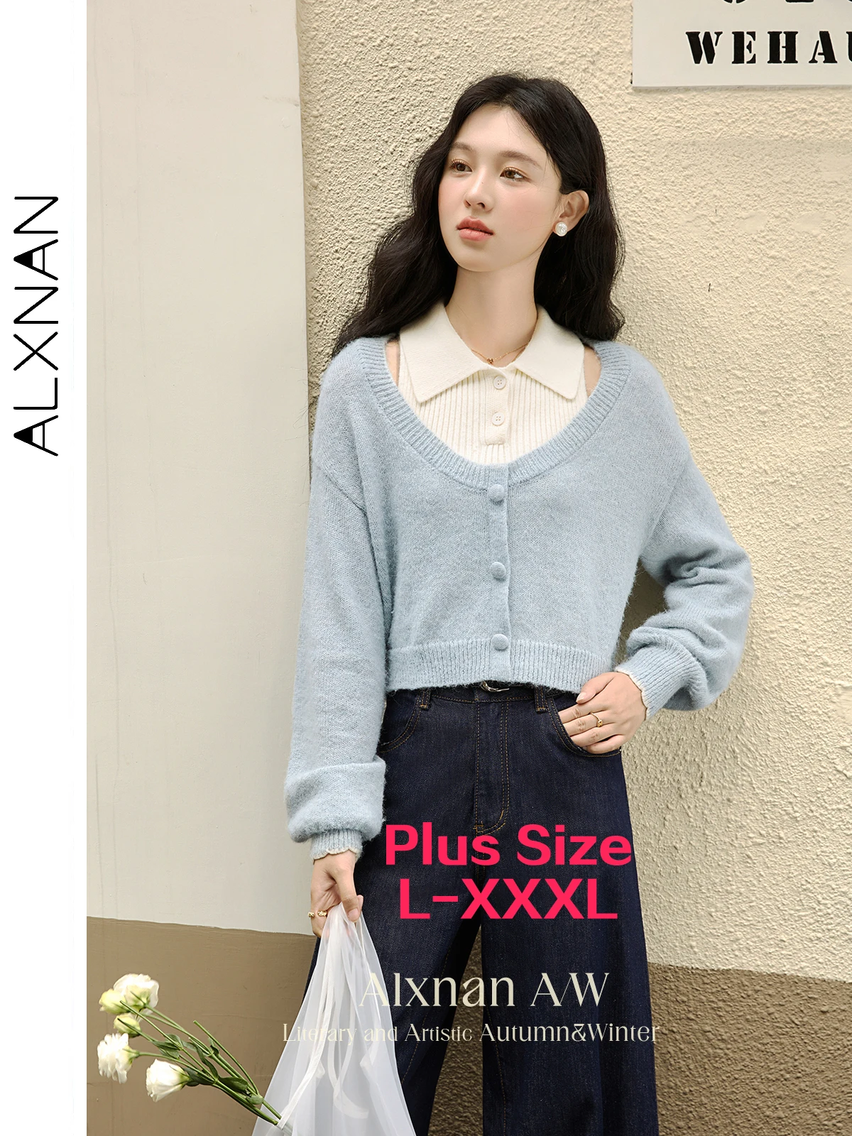 

ALXNAN Women's Plus Size Cropped Sweater Early Autumn Pullover 2024 Autumn Fall Knitwear Lantern Sleeve Gentle Knit Tops D073010