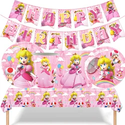 Princess Peach Birthday Party Decorations Paper Cups Plates Napkins Tablecloth Banner for Kids Girls Birthday Party Supplies