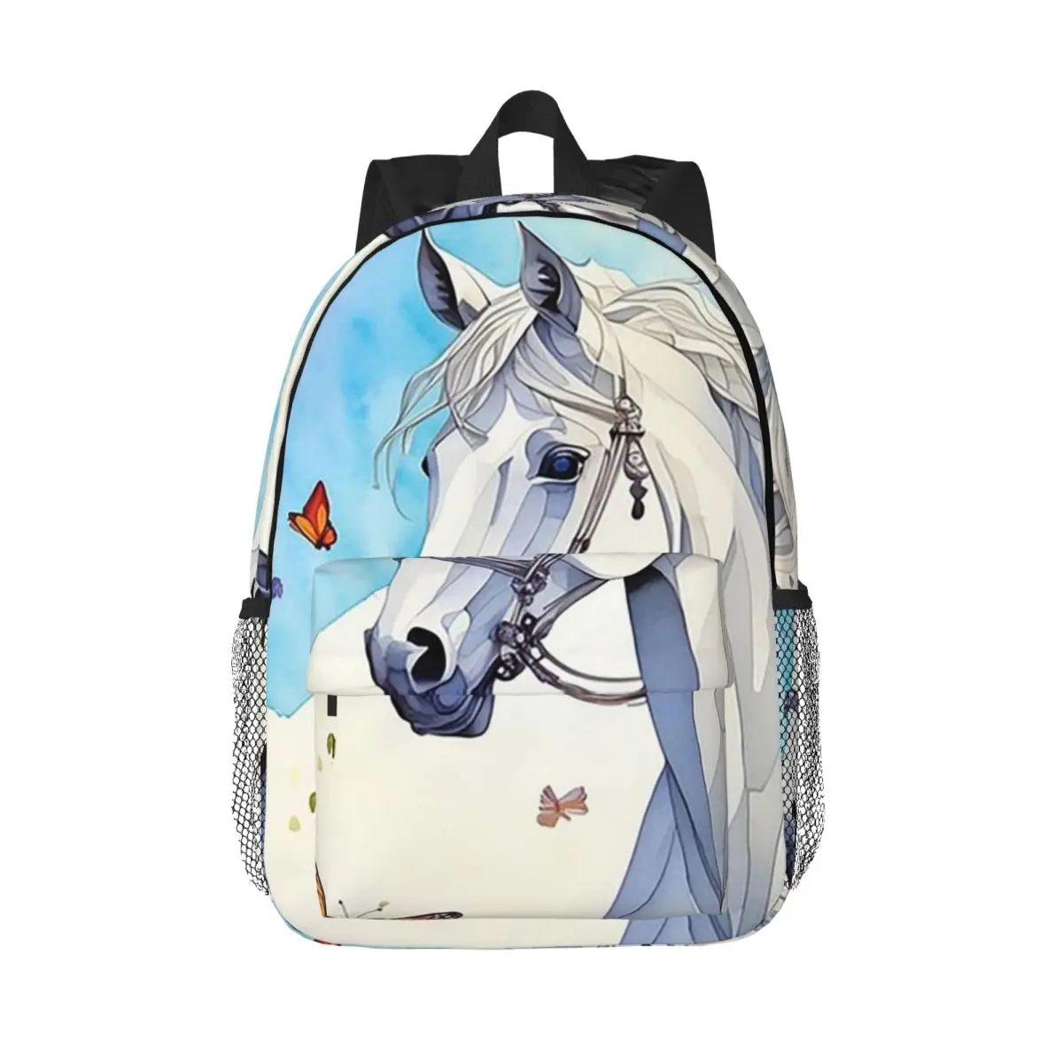 White Horse With Butterfly Print Backpack Daypack Large Capacity Boys Girls BookBag Shoulder Bags for Men Women Kids School Bag