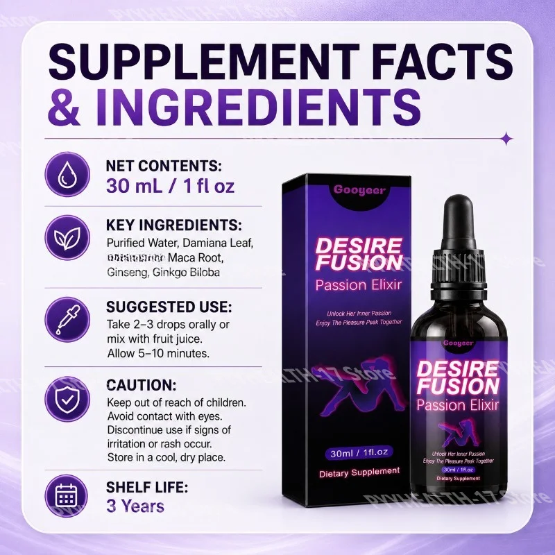 Desire Fusion Passion Elixir Liquid Drops with Damiana Leaf Maca Root Ginseng Epimedium & Ginkgo Biloba Herbal Supplement 30ml