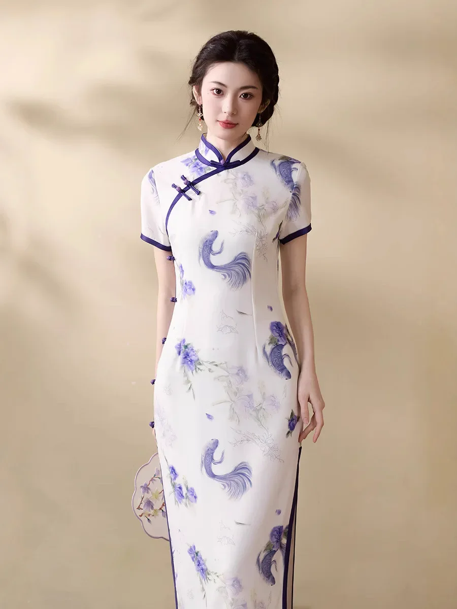 

Summer 2025 New Daily Fashion Show Chinese Style Long Elegant Temperament Old Shanghai Improved Cheongsam Dress