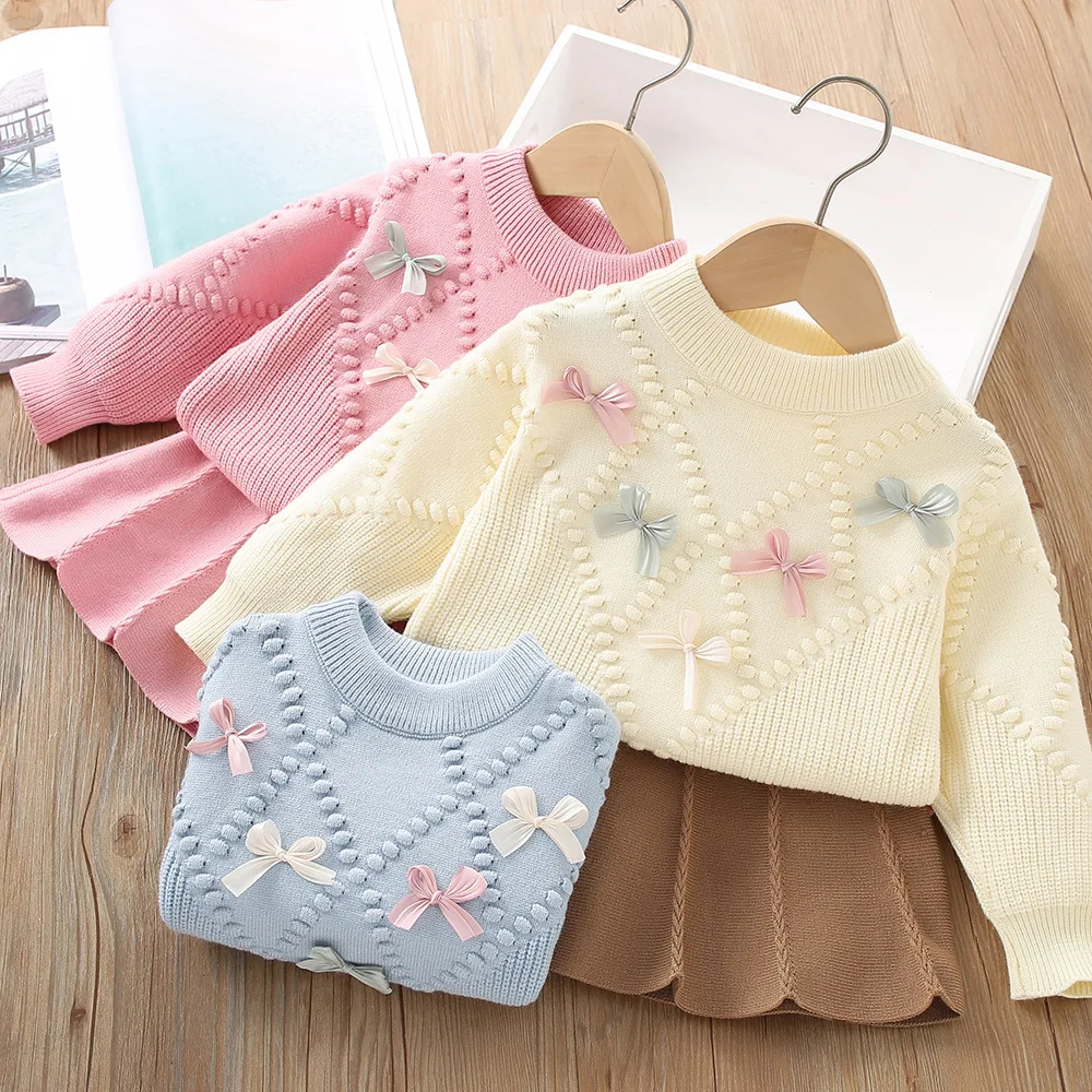 

Girls Knitted Clothes Sets Spring Autumn 2024 Children Woolen Jersey Sweaters Skirts 2pcs Dress Suit For Baby Outfits Kids 5 6Y