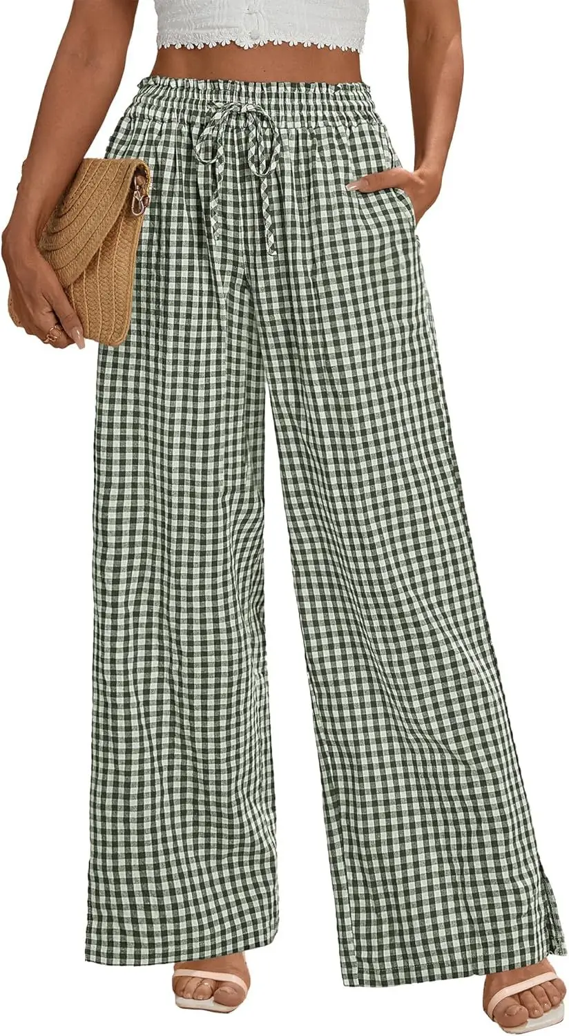 Geruite damesbroek met wijde pijpen en zakken voor herfst/winter Hoge taille Trekkoord Zwierig Casual modebroek voor Halloween