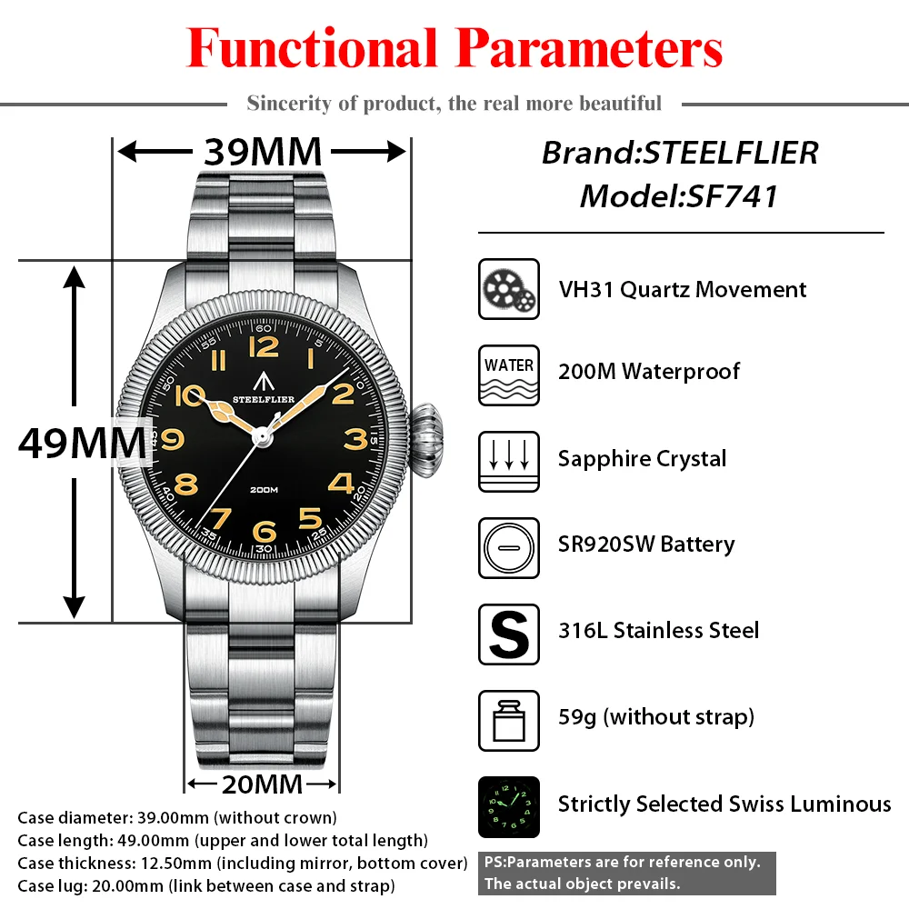 STEELFLIER Official SF741 Luxury Quartz Pilot Sapphire Mirror Swiss C3 Luminous VH31 Mute Movement Fashion 200M Waterproof Watch