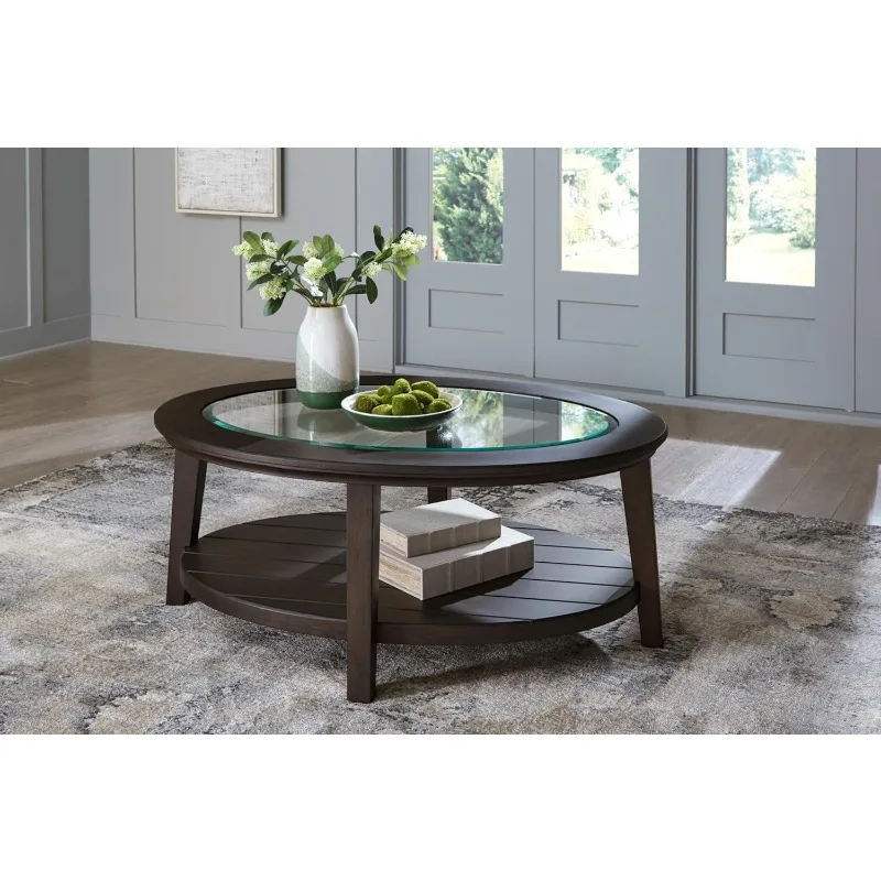 Farmhouse Coffee Table with Tempered Glass Tabletop and Lower Shelf, Glass