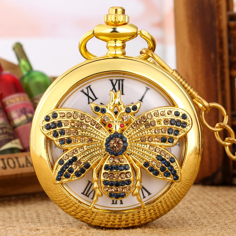 Vintage Charm Bee Bronze/Gold Quartz Pocket Watch Men Women Necklace Watch Antique Gifts Roman Numerals Analog Display Clock