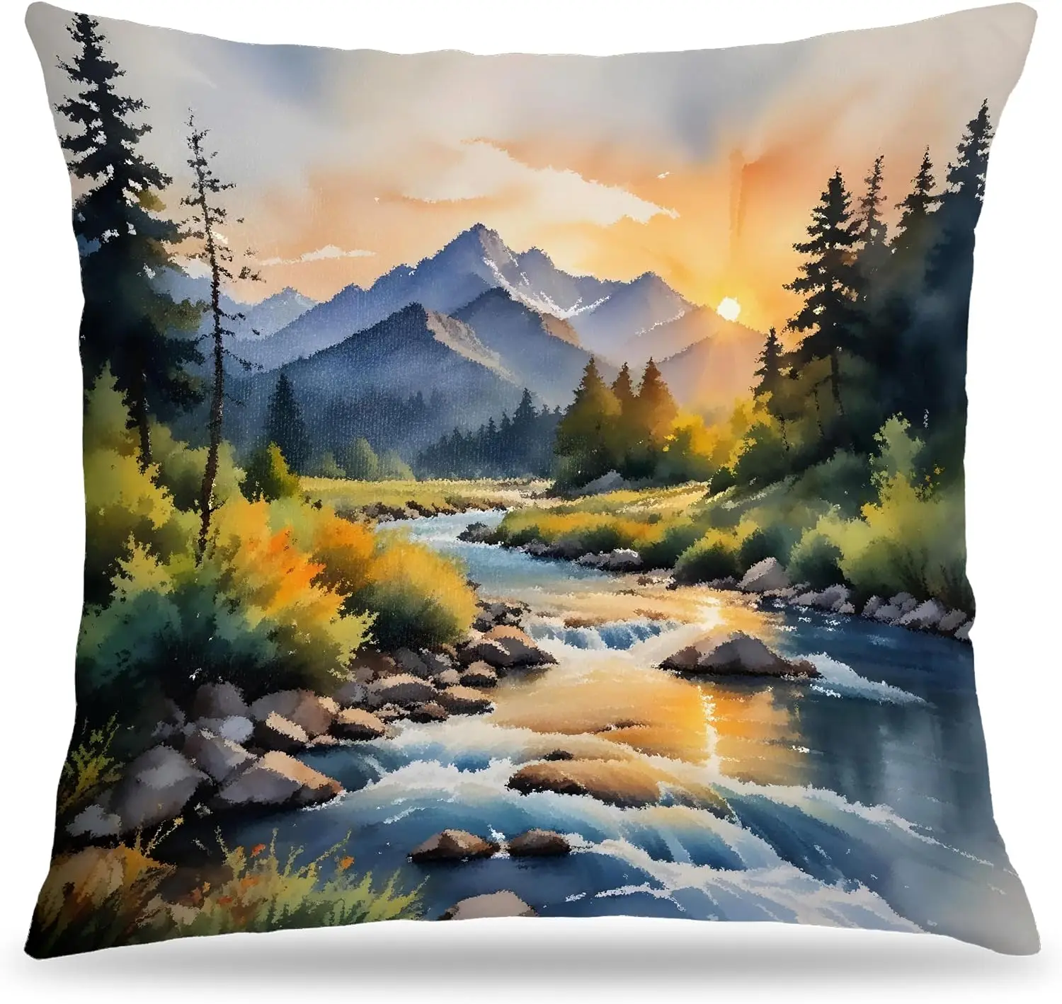Watercolor Mountain Landscape Pillowcase Art Print Forest River Sunset Boho Nature Decor Cushion Cover 45x45cm