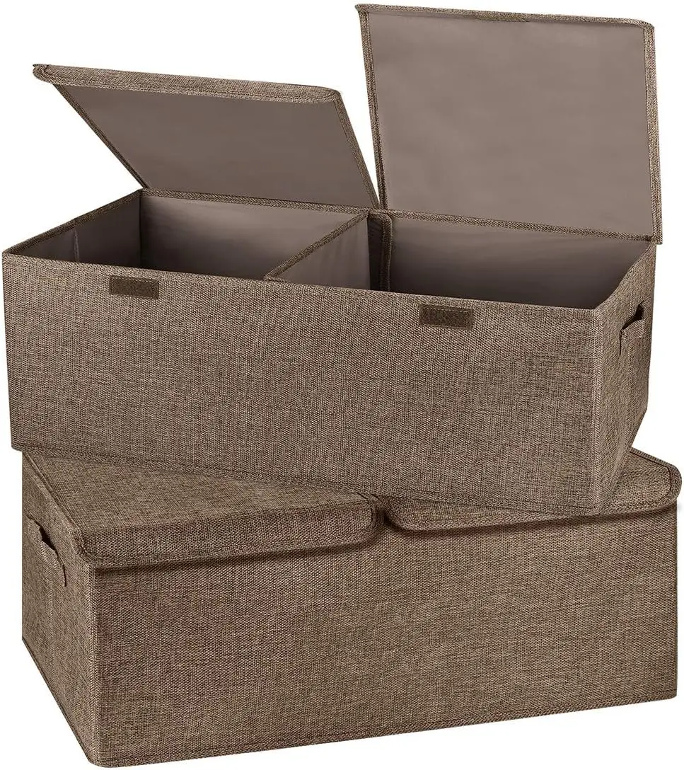 

2 Pack Storage Boxes with Lids and Handles, Collapsible Linen Storage Bins Organizer Containers Baskets Cube with Removable D