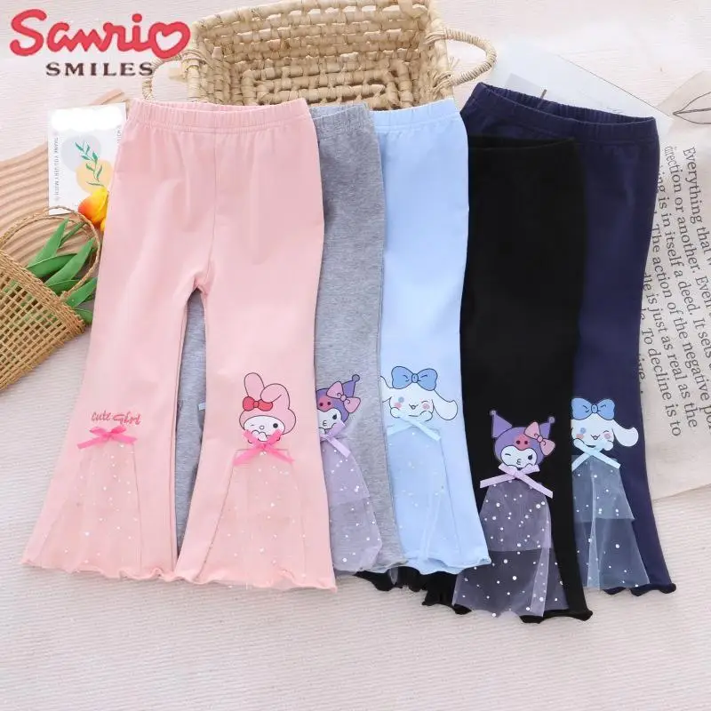 

2023 Sanrio Pants Girls' Kawaii Kuromi Cinnamoroll Mymelody Leggings Autumn New Children's Lace Flared Pants Outwear Fit Pants