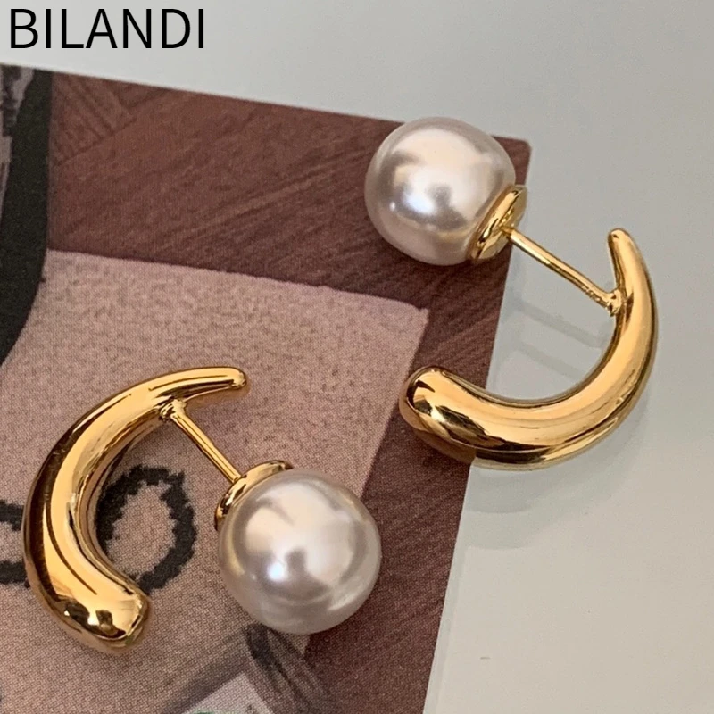 Bilandi Modern Jewelry 925 Silver Needle Bent Metal Gold Color Stud Earrings For Women Girl Gift Back Simulated Pearl Hot Sale