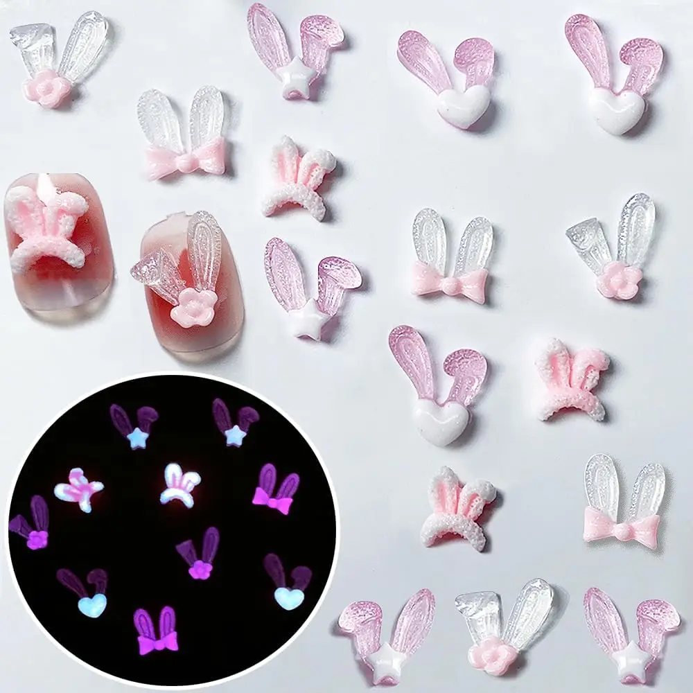 20pcs 3D Rabbit Ear Resin Nail Art Charms Korean Pink White Bunny Kawaii Jewelry Nail Rhinestones Decorations Accessories DIY