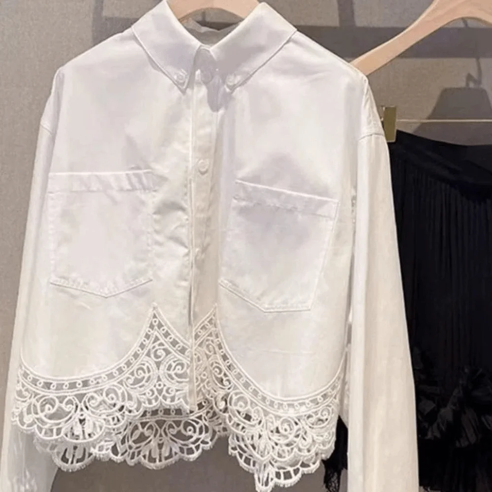 

Irregular Lace Women's Plain Lace Shirt Long Clothing Sleeves Streetwear Korean Style Blouse Leisure Lapel Simple