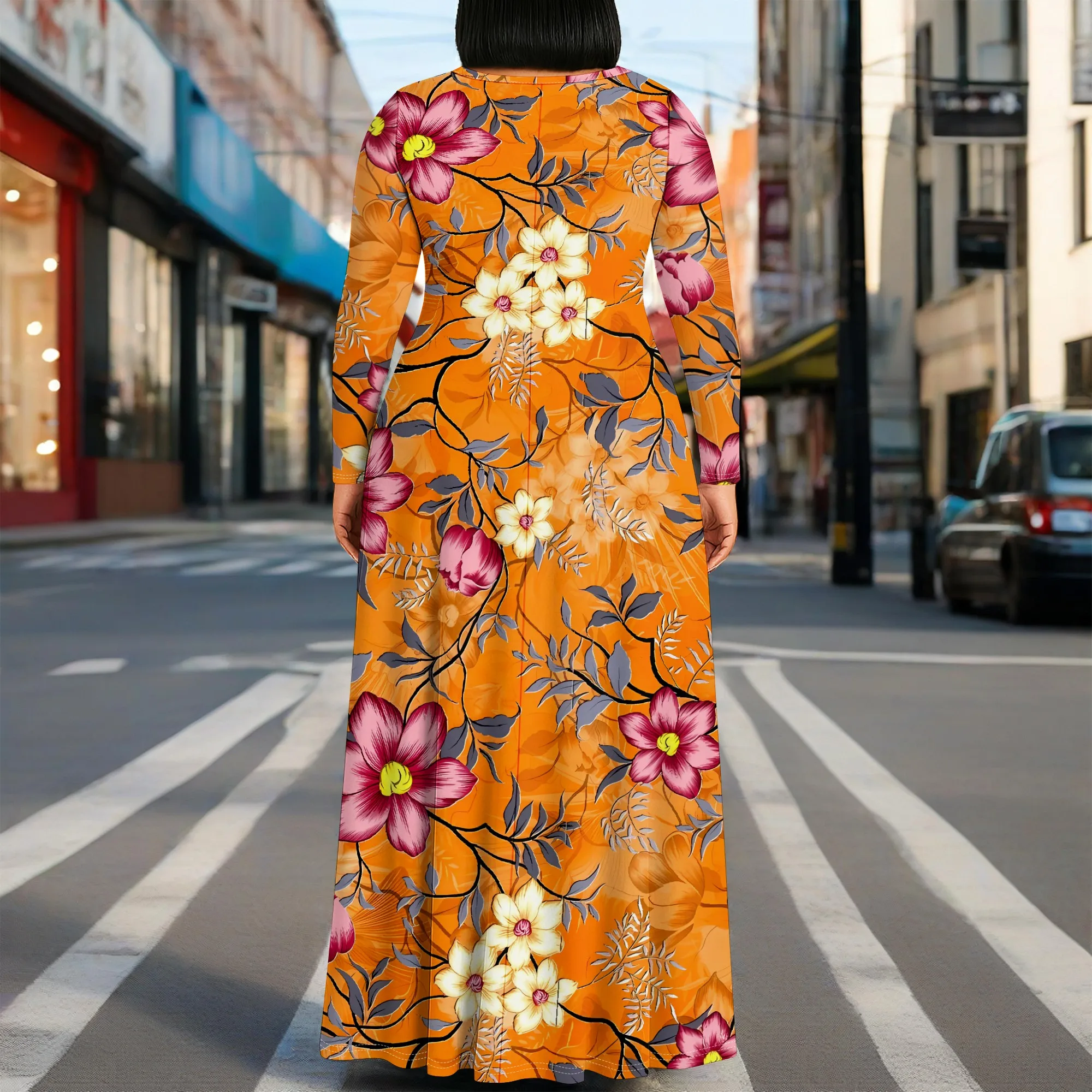 Plus Size Orange Floral Maxi Dress Long Sleeve Tropical Print Casual Beach Outfit