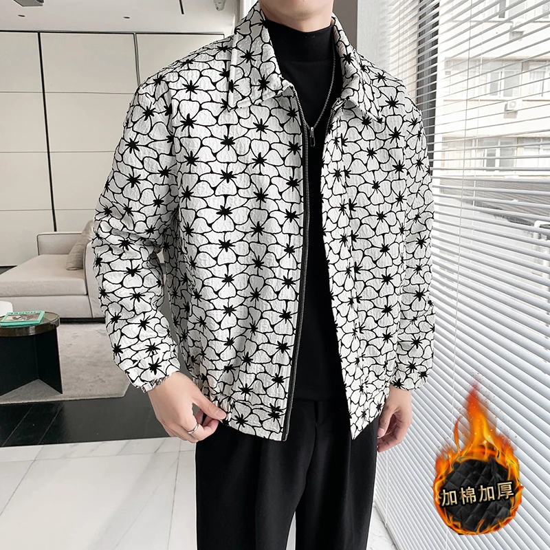 2022 Winter Jacquard Jackets Men Korean Fashion Casual Business Coats Lapel Thicken Keep Warm Parkas Social Streetwear Outwear