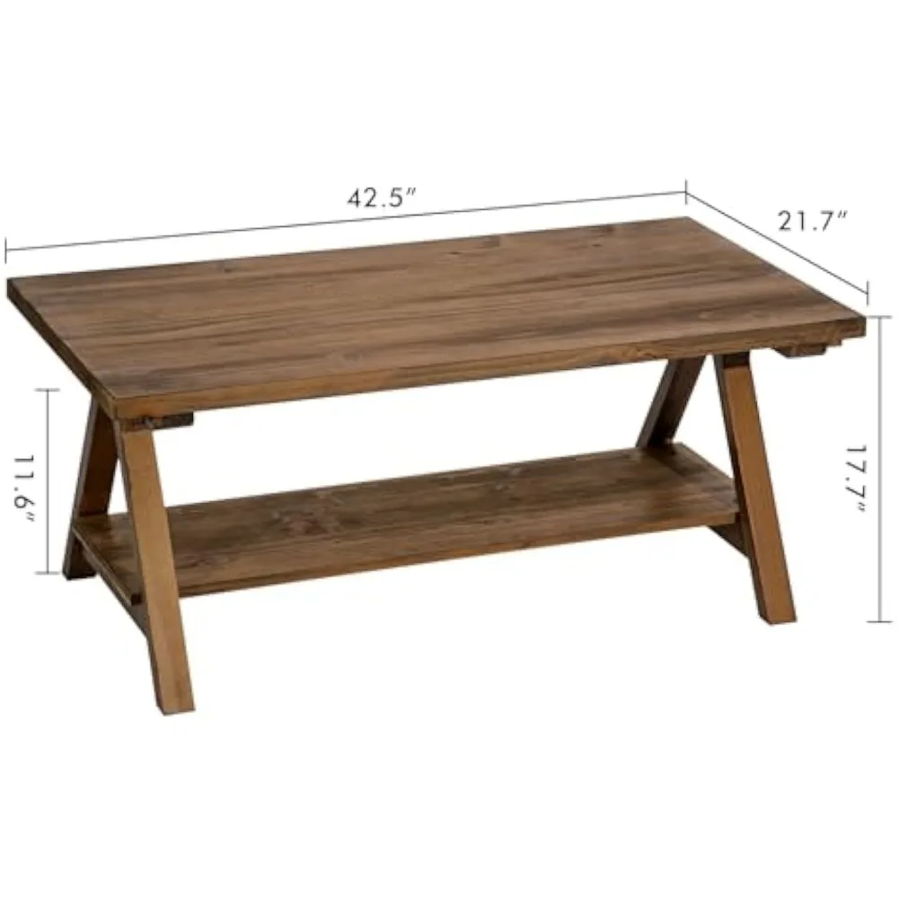 Solid Wood Coffee Table - 42.5” Firwood Farmhouse Rustic Wooden Coffee Tables for Living Room