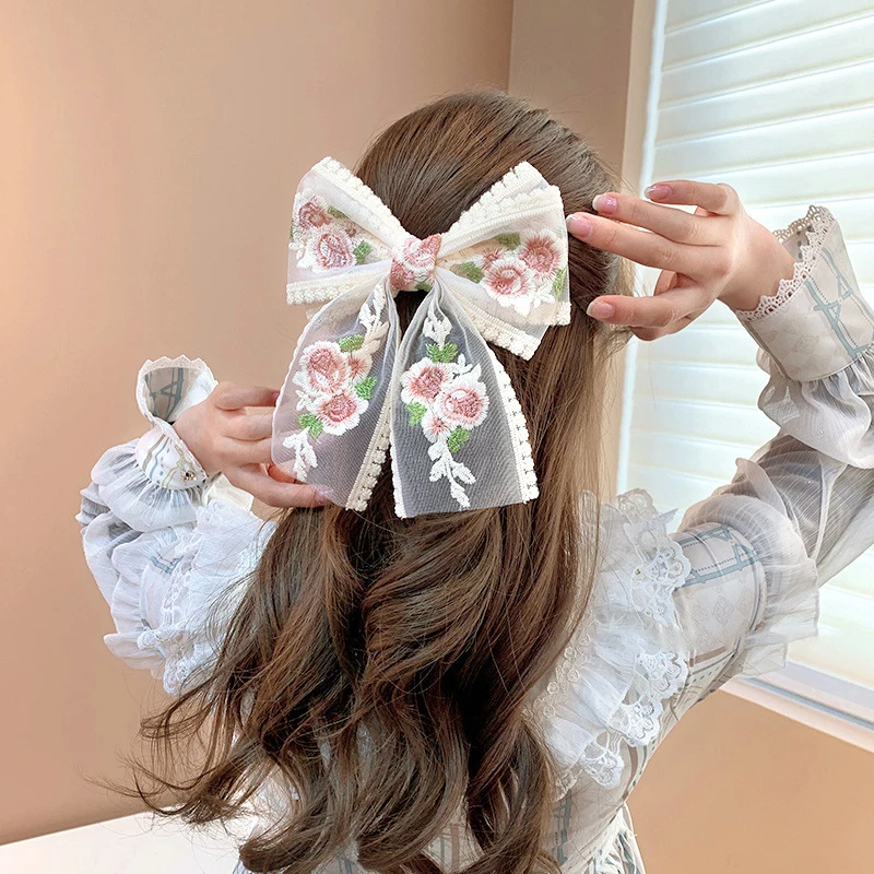 1 Pc Embroidery Bow Lace Hair Clip For Women Girls Elegant Spring Clip Hair Accessories Fashion Big Bow Hair Clip