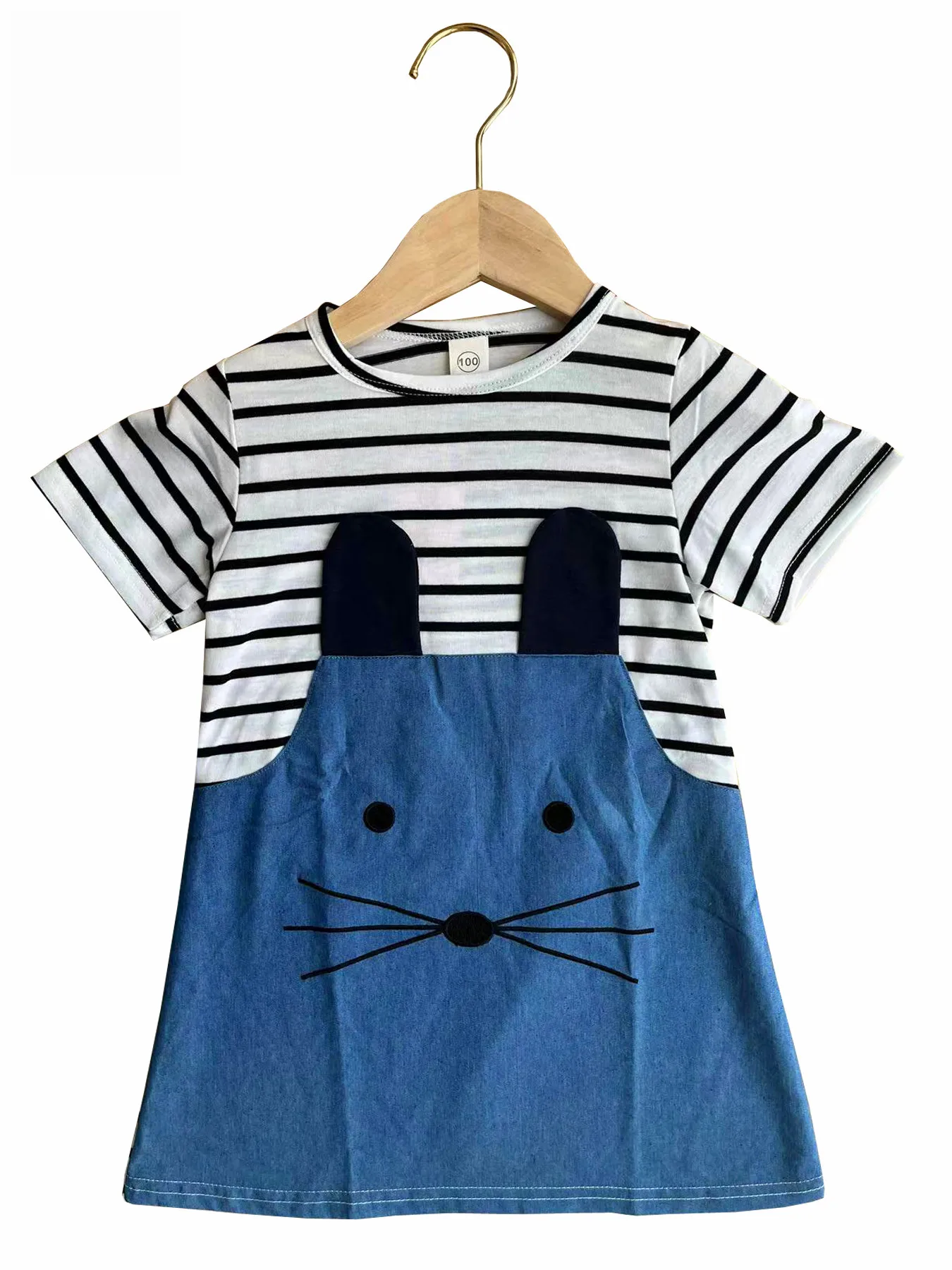 Girls Daily Wear Cartoon Rabbit Dress with Striped Splicing Short Sleeve A-Line Skirt Fashion Toddler Outfit