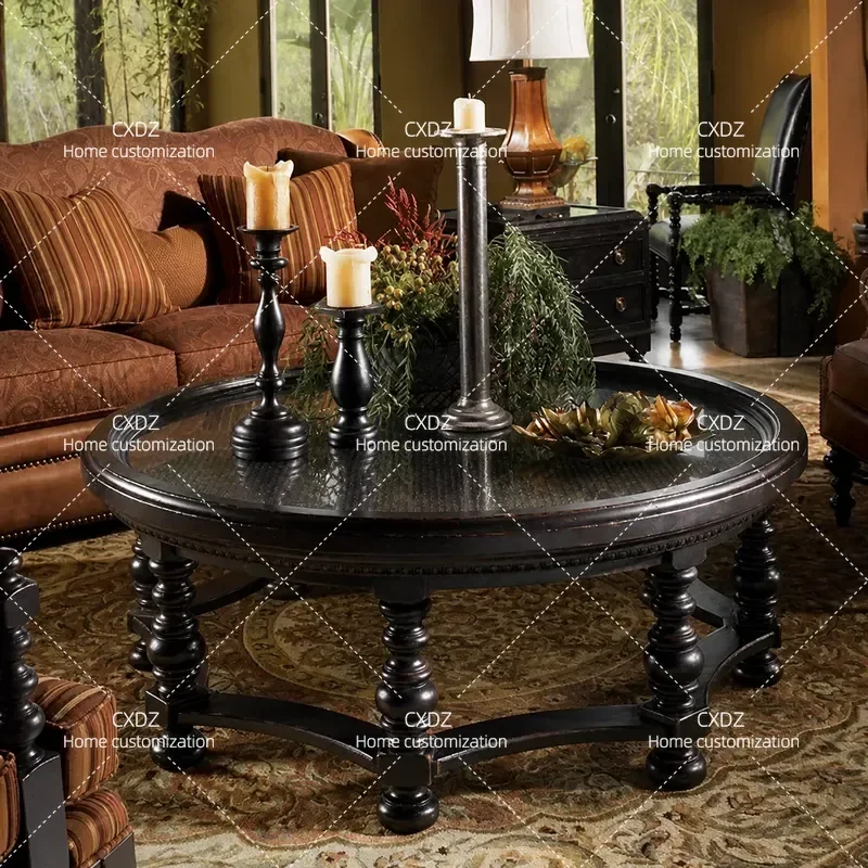 Solid Wood Dark Black Walnut Round Coffee Table for Living Room High End Classical Villa Home Retro Style Customizable